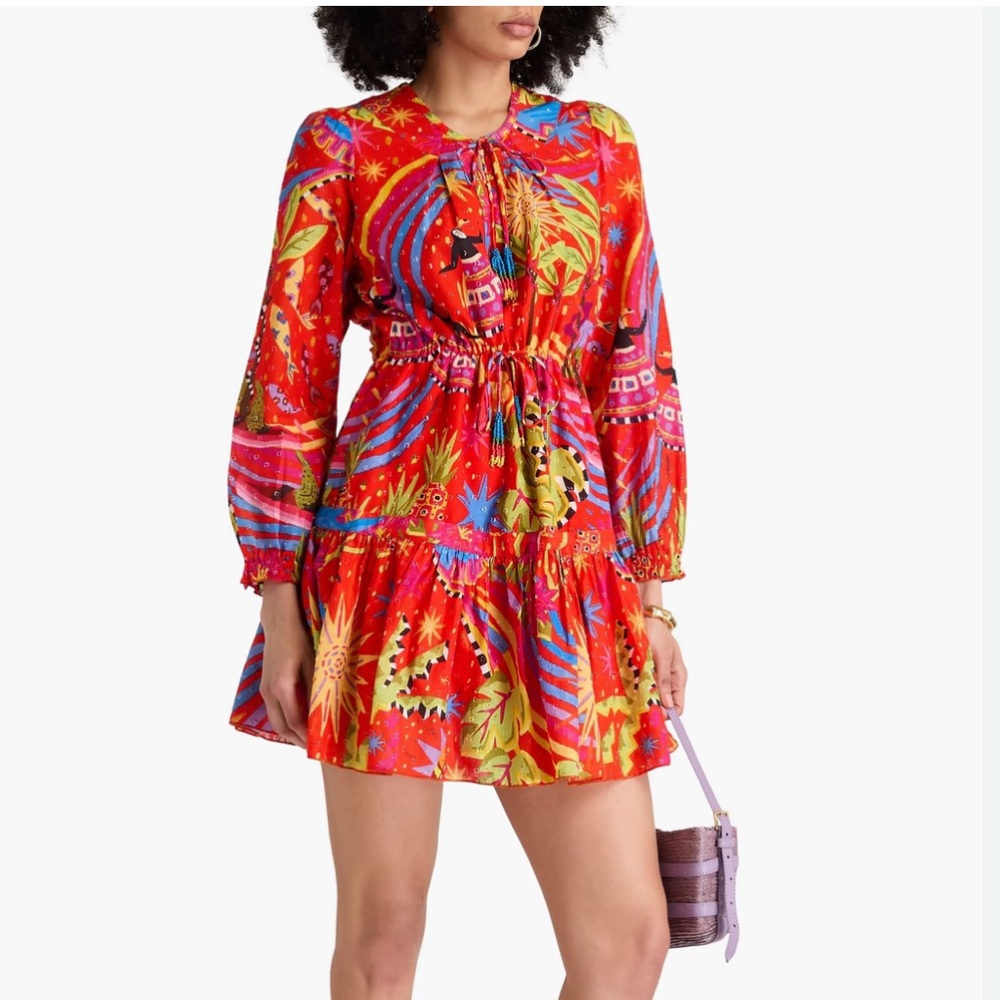 FARM Rio Red Multi Colored Long Sleeve Dress